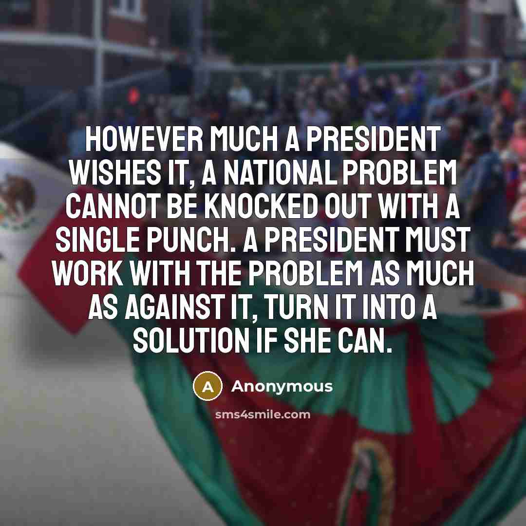 “However much a president wishes it, a national problem cannot be knocked out with a single punch. A president must work with the problem as much as against it, turn it into a solution if she can.” quote by Anonymous