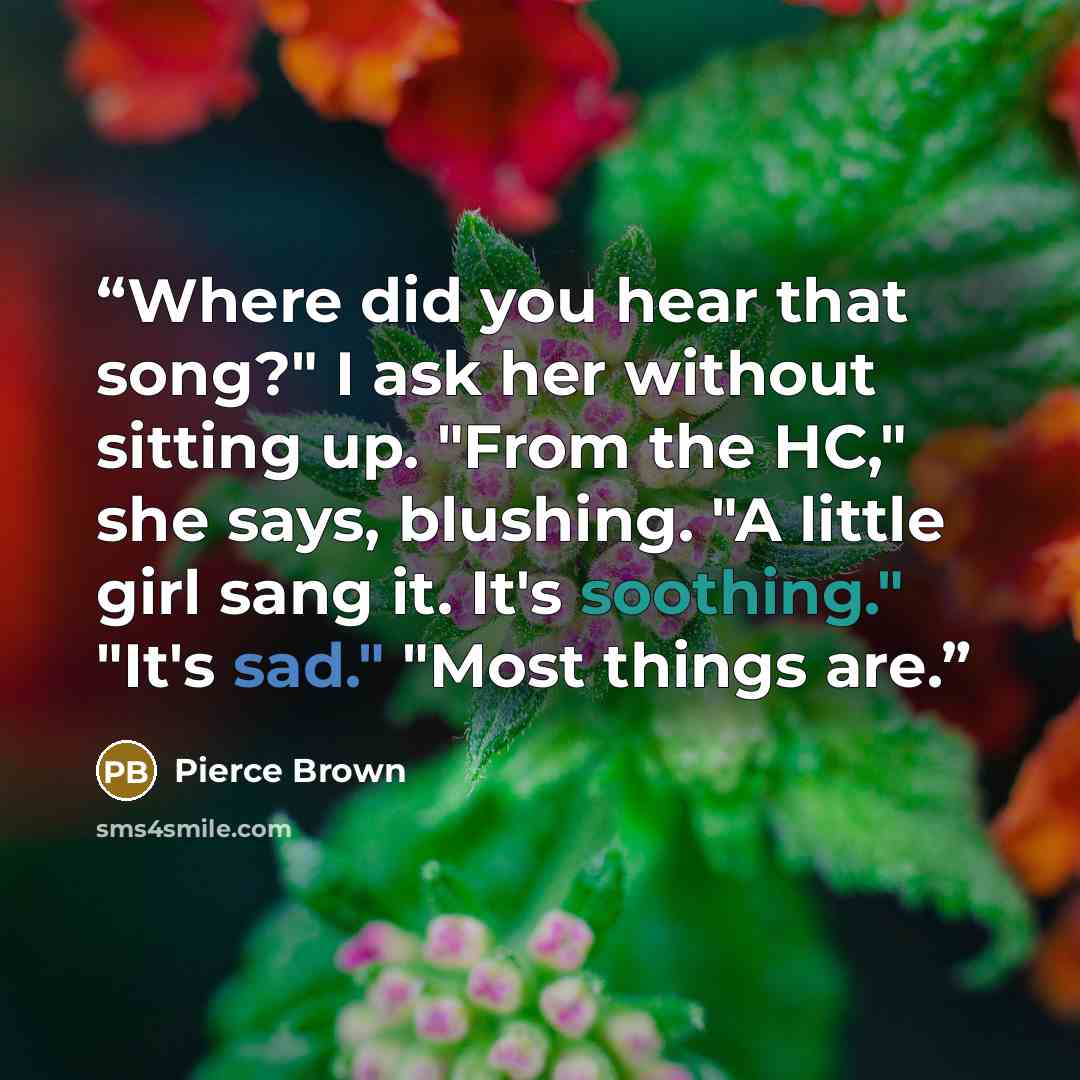 “Where did you hear that song?" I ask her without sitting up. "From the HC," she says, blushing. "A little girl sang it. It's soothing." "It's sad." "Most things are.” quote by Pierce Brown