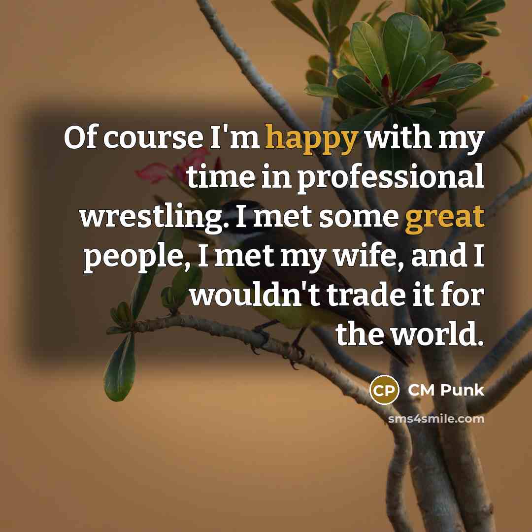 “Of course I'm happy with my time in professional wrestling. I met some great people, I met my wife, and I wouldn't trade it for the world.” quote by CM Punk