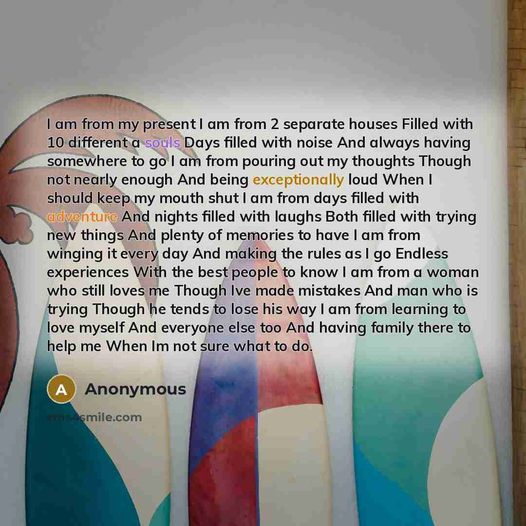 “I am from my present I am from 2 separate houses Filled with 10 different a souls Days filled with noise And always having somewhere to go I am from pouring out my thoughts Though not nearly enough And being exceptionally loud When I should keep my mouth shut I am from days filled with adventure…” quote by Anonymous