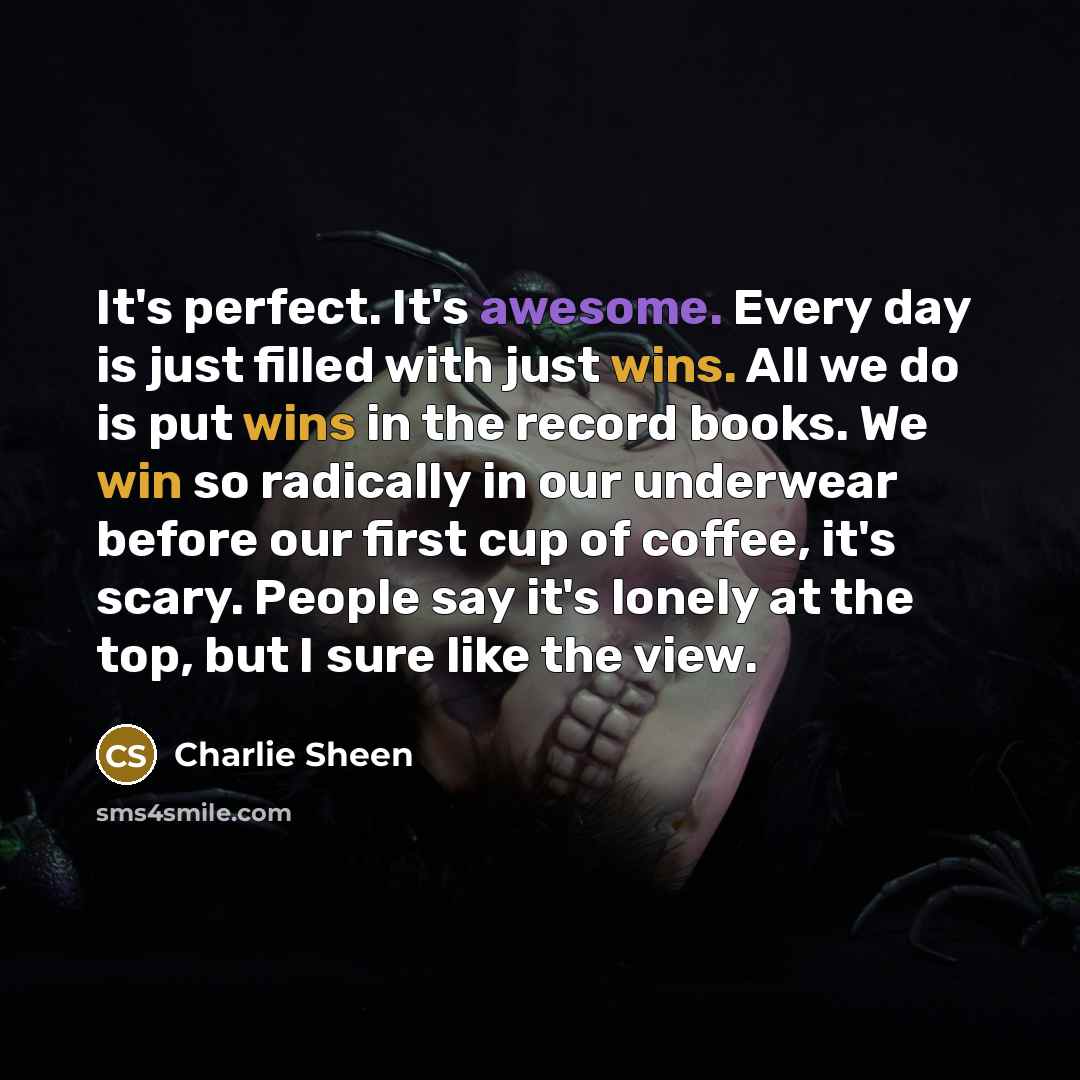 “It's perfect. It's awesome. Every day is just filled with just wins. All we do is put wins in the record books. We win so radically in our underwear before our first cup of coffee, it's scary. People say it's lonely at the top, but I sure like the view.” quote by Charlie Sheen