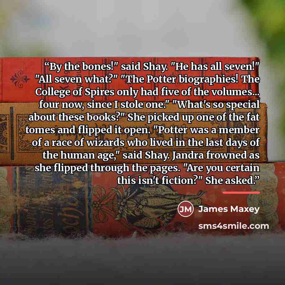 “By the bones!" said Shay. "He has all seven!" "All seven what?" "The Potter biographies! The College of Spires only had five of the volumes... four now, since I stole one." "What's so special about these books?" She picked up one of the fat tomes and flipped it open. "Potter was a member of a race…” quote by James Maxey
