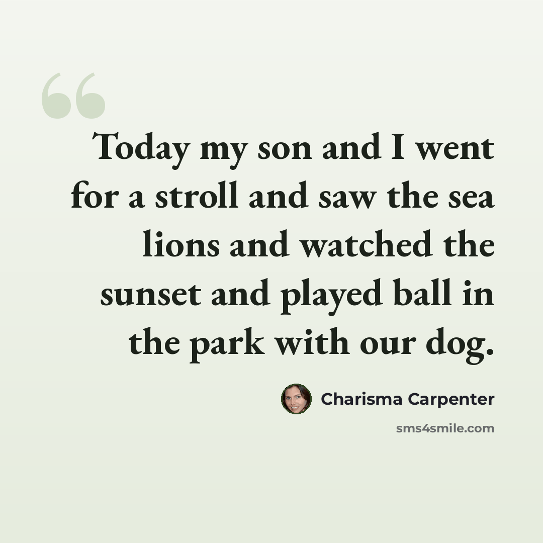 “Today my son and I went for a stroll and saw the sea lions and watched the sunset and played ball in the park with our dog.” quote by Charisma Carpenter