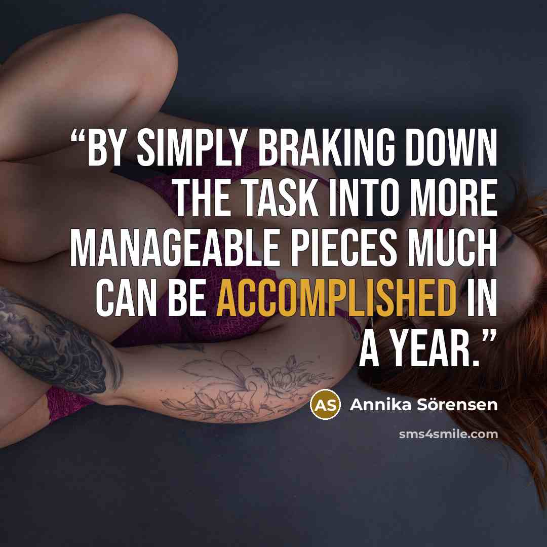 “By simply braking down the task into more manageable pieces much can be accomplished in a year.” quote by Annika Sorensen