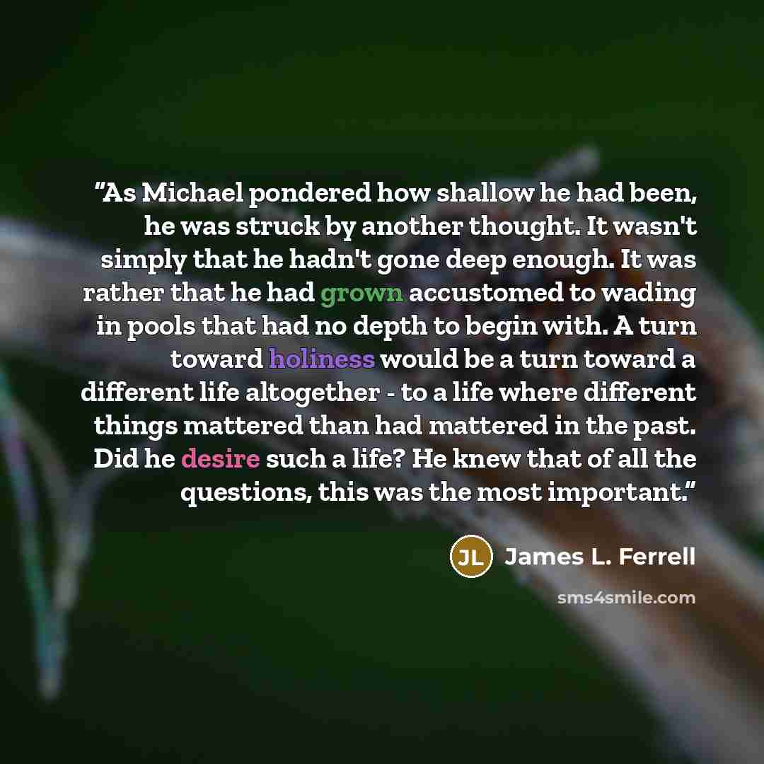 “As Michael pondered how shallow he had been, he was struck by another thought. It wasn't simply that he hadn't gone deep enough. It was rather that he had grown accustomed to wading in pools that had no depth to begin with. A turn toward holiness would be a turn toward a different life altogether…” quote by James L. Ferrell