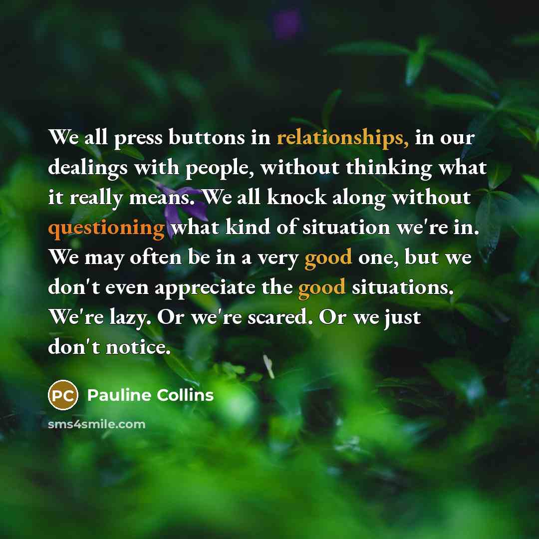 “We all press buttons in relationships, in our dealings with people, without thinking what it really means. We all knock along without questioning what kind of situation we're in. We may often be in a very good one, but we don't even appreciate the good situations. We're lazy. Or we're scared. Or…” quote by Pauline Collins