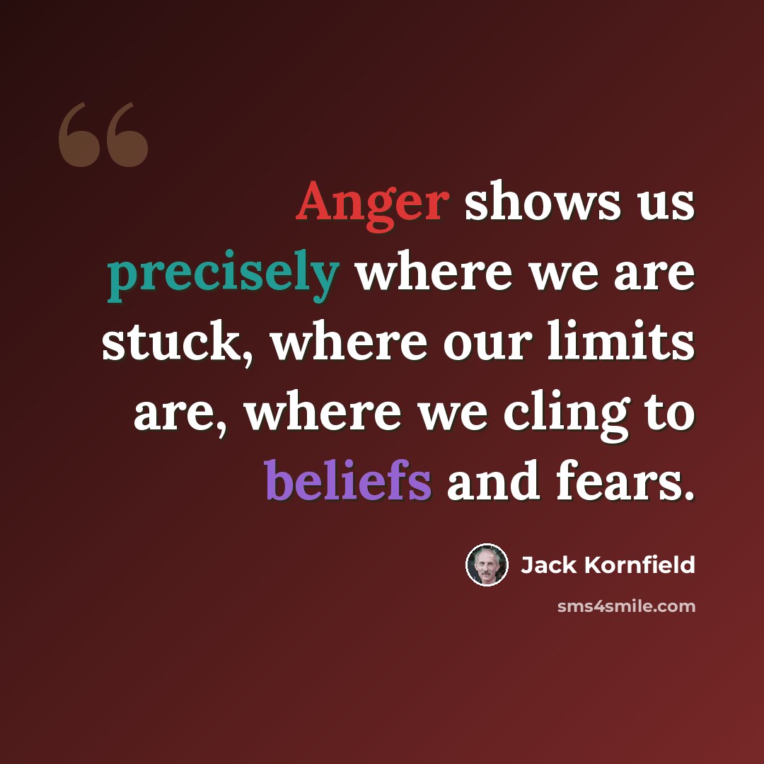 “Anger shows us precisely where we are stuck, where our limits are, where we cling to beliefs and fears.” quote by Jack Kornfield