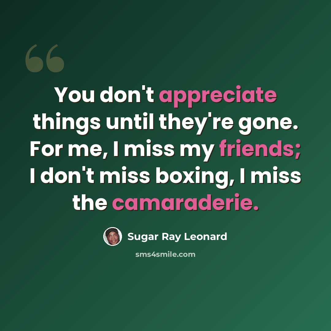 “You don't appreciate things until they're gone. For me, I miss my friends; I don't miss boxing, I miss the camaraderie.” quote by Sugar Ray Leonard