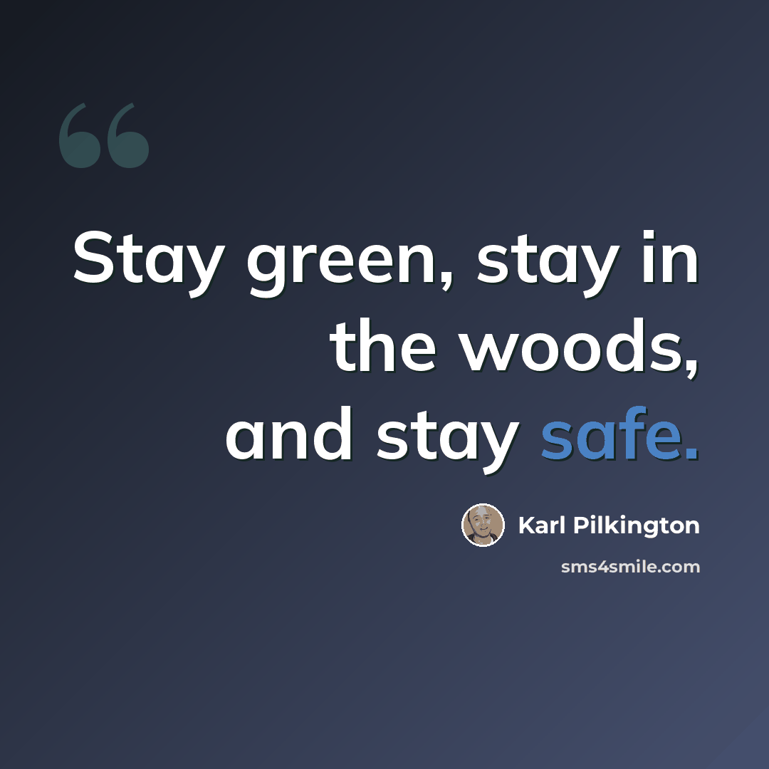 “Stay green, stay in the woods, and stay safe.” quote by Karl Pilkington