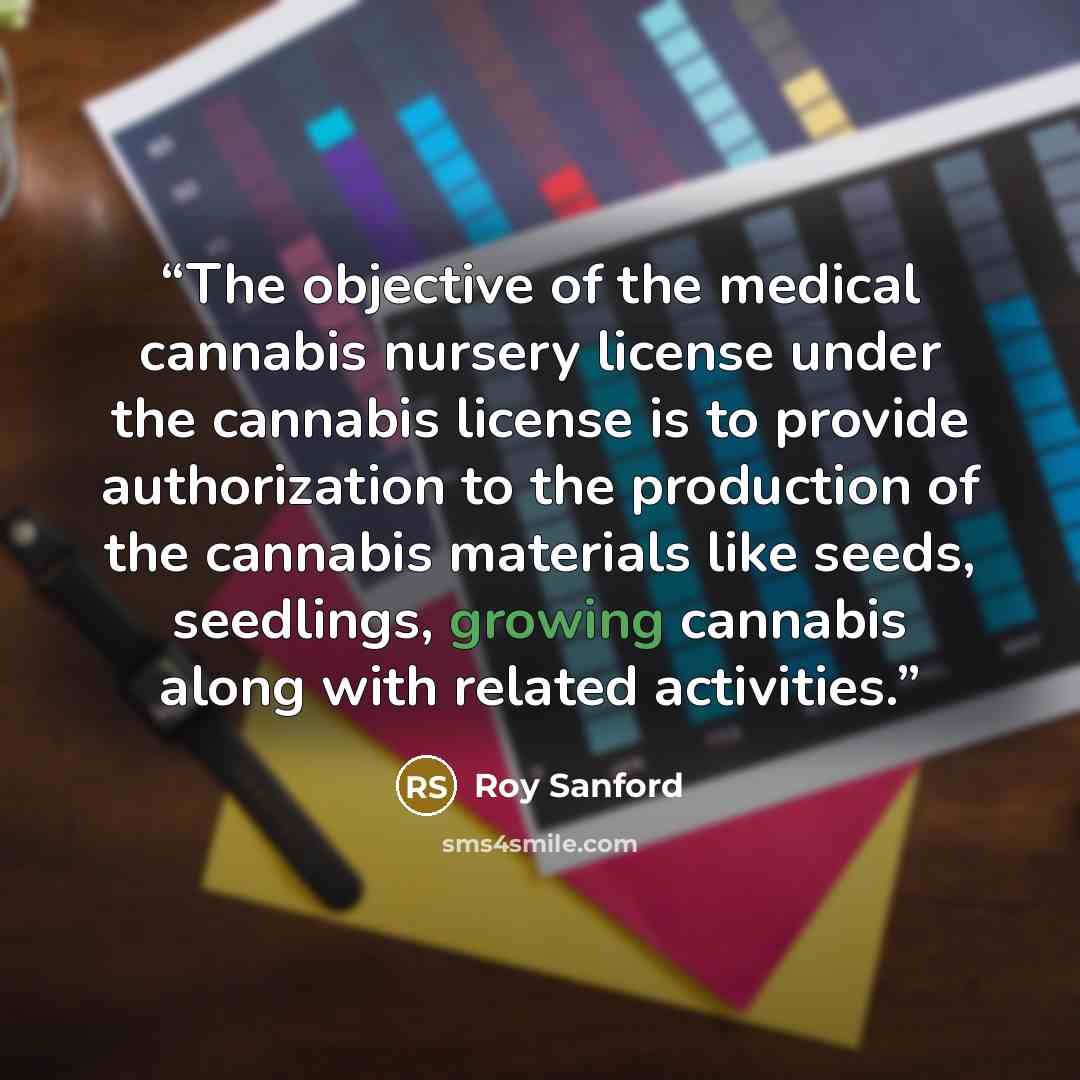 “The objective of the medical cannabis nursery license under the cannabis license is to provide authorization to the production of the cannabis materials like seeds, seedlings, growing cannabis along with related activities.” quote by Roy Sanford