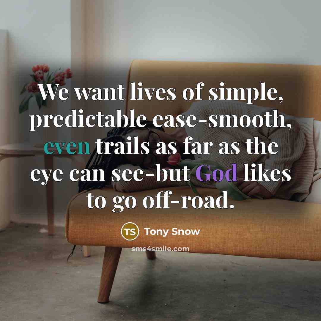 “We want lives of simple, predictable ease-smooth, even trails as far as the eye can see-but God likes to go off-road.” quote by Tony Snow