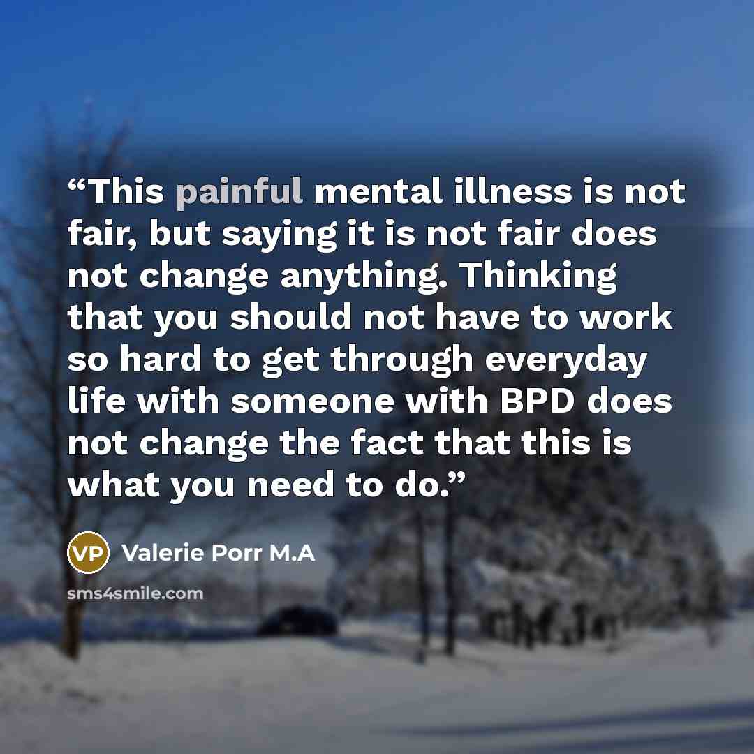 “This painful mental illness is not fair, but saying it is not fair does not change anything. Thinking that you should not have to work so hard to get through everyday life with someone with BPD does not change the fact that this is what you need to do.” quote by Valerie Porr M.A