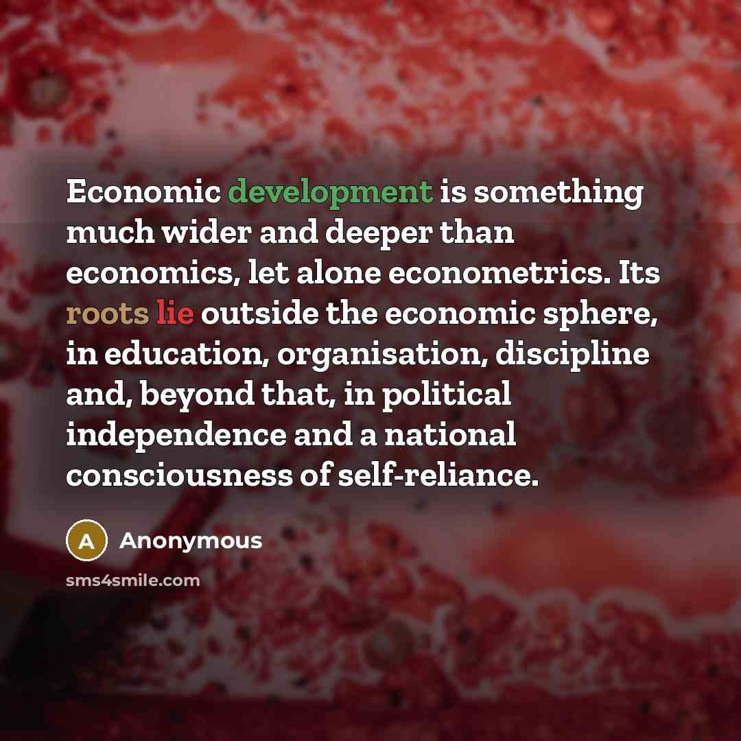 “Economic development is something much wider and deeper than economics, let alone econometrics. Its roots lie outside the economic sphere, in education, organisation, discipline and, beyond that, in political independence and a national consciousness of self-reliance.” quote by Anonymous