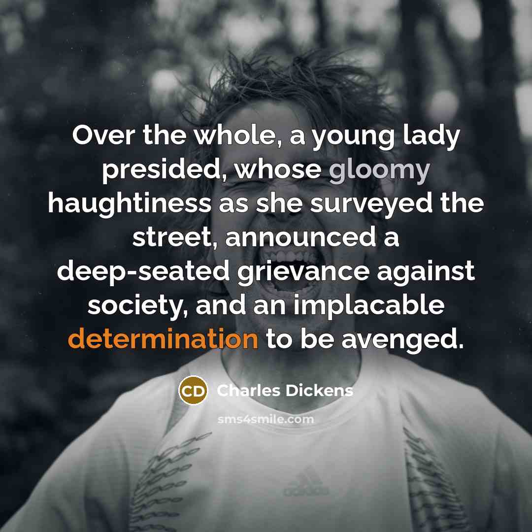 “Over the whole, a young lady presided, whose gloomy haughtiness as she surveyed the street, announced a deep-seated grievance against society, and an implacable determination to be avenged.” quote by Charles Dickens