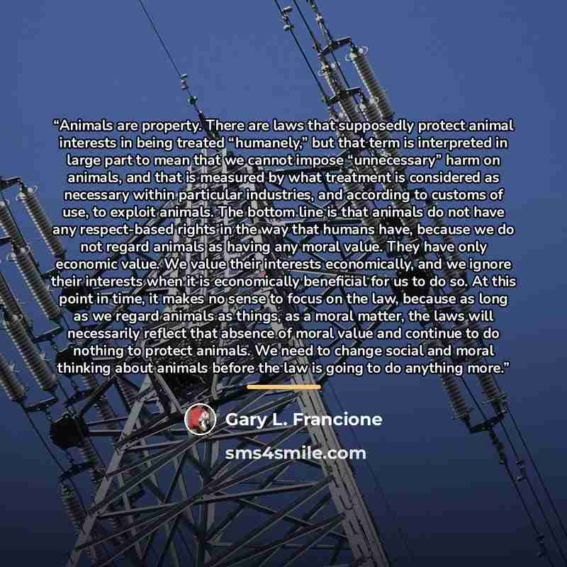 “Animals are property. There are laws that supposedly protect animal interests in being treated “humanely,” but that term is interpreted in large part to mean that we cannot impose “unnecessary” harm on animals, and that is measured by what treatment is considered as necessary within particular…” quote by Gary L. Francione