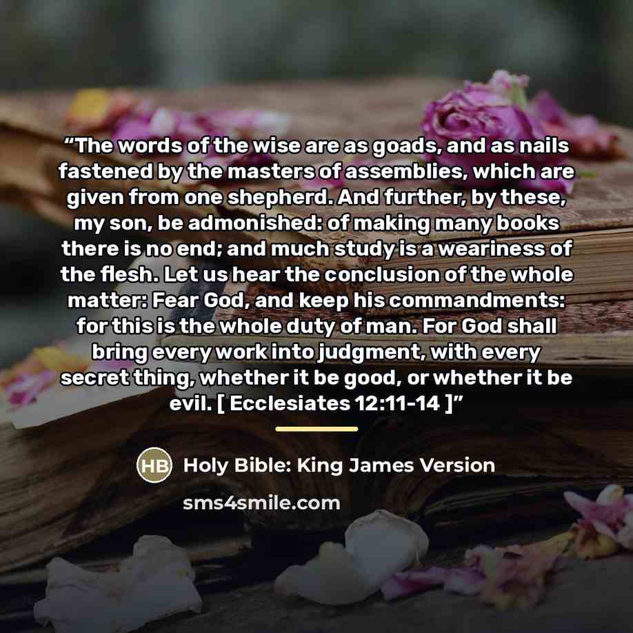 “The words of the wise are as goads, and as nails fastened by the masters of assemblies, which are given from one shepherd. And further, by these, my son, be admonished: of making many books there is no end; and much study is a weariness of the flesh. Let us hear the conclusion of the whole matter…” quote by Anonymous