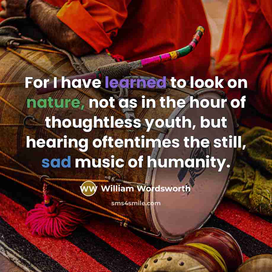 “For I have learned to look on nature, not as in the hour of thoughtless youth, but hearing oftentimes the still, sad music of humanity.” quote by William Wordsworth