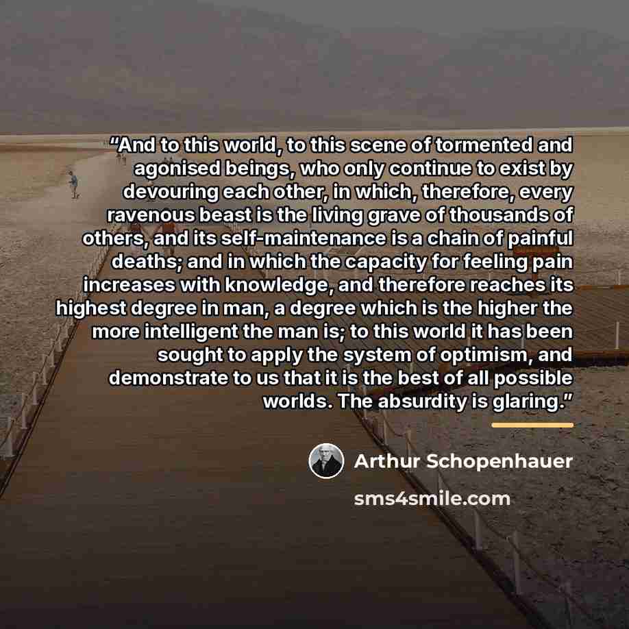 “And to this world, to this scene of tormented and agonised beings, who only continue to exist by devouring each other, in which, therefore, every ravenous beast is the living grave of thousands of others, and its self-maintenance is a chain of painful deaths; and in which the capacity for feeling…” quote by Arthur Schopenhauer