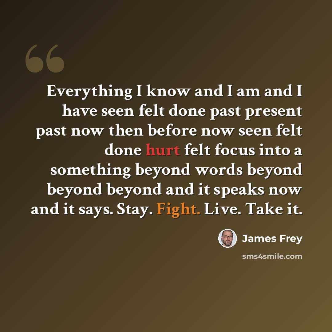“Everything I know and I am and I have seen felt done past present past now then before now seen felt done hurt felt focus into a something beyond words beyond beyond beyond and it speaks now and it says. Stay. Fight. Live. Take it.” quote by James Frey