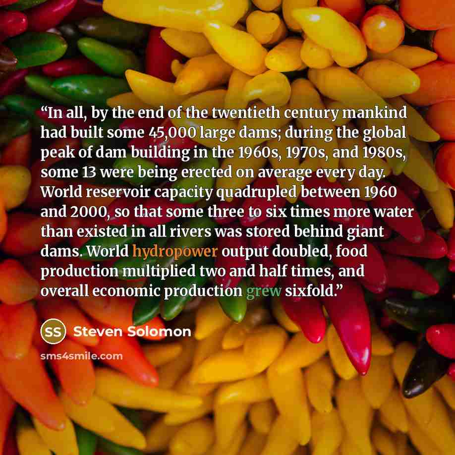 “In all, by the end of the twentieth century mankind had built some 45,000 large dams; during the global peak of dam building in the 1960s, 1970s, and 1980s, some 13 were being erected on average every day. World reservoir capacity quadrupled between 1960 and 2000, so that some three to six times…” quote by Steven Solomon