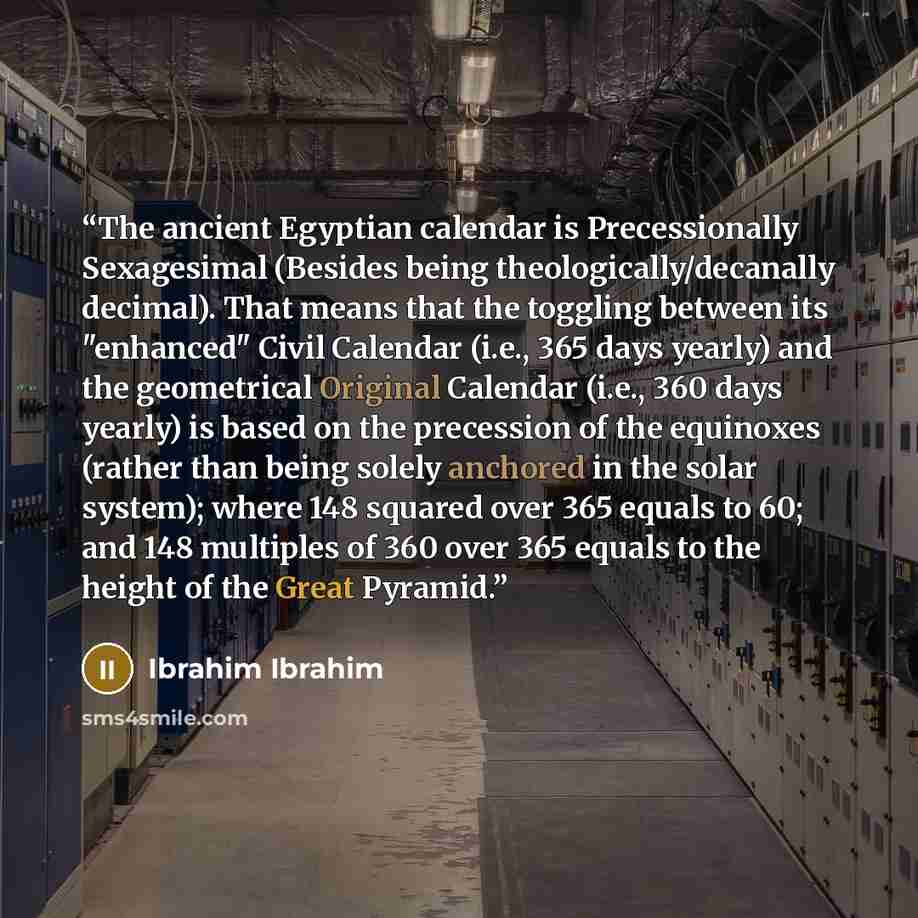 “The ancient Egyptian calendar is Precessionally Sexagesimal (Besides being theologically/decanally decimal). That means that the toggling between its "enhanced" Civil Calendar (i.e., 365 days yearly) and the geometrical Original Calendar (i.e., 360 days yearly) is based on the precession of the…” quote by Ibrahim Ibrahim
