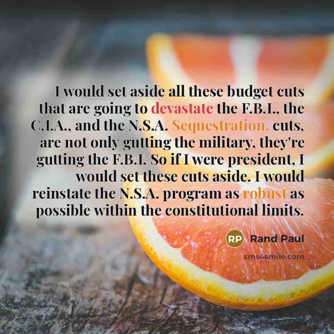 “I would set aside all these budget cuts that are going to devastate the F.B.I., the C.I.A., and the N.S.A. Sequestration, cuts, are not only gutting the military, they're gutting the F.B.I. So if I were president, I would set these cuts aside. I would reinstate the N.S.A. program as robust as…” quote by Rand Paul
