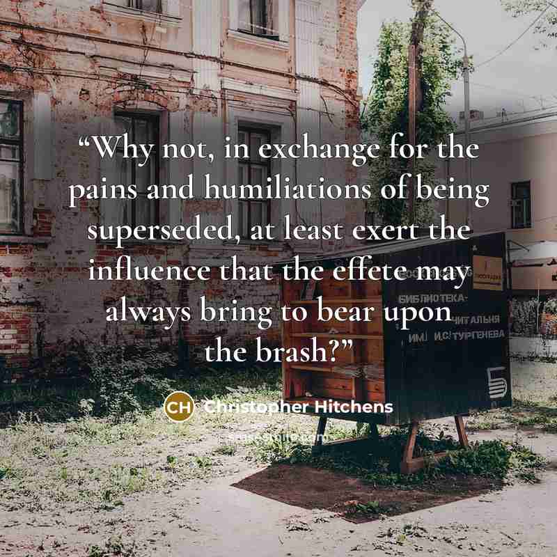 “Why not, in exchange for the pains and humiliations of being superseded, at least exert the influence that the effete may always bring to bear upon the brash?” quote by Christopher Hitchens