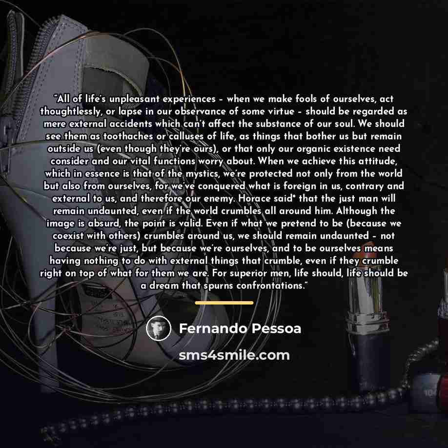 “All of life’s unpleasant experiences – when we make fools of ourselves, act thoughtlessly, or lapse in our observance of some virtue – should be regarded as mere external accidents which can’t affect the substance of our soul. We should see them as toothaches or calluses of life, as things that…” quote by Fernando Pessoa