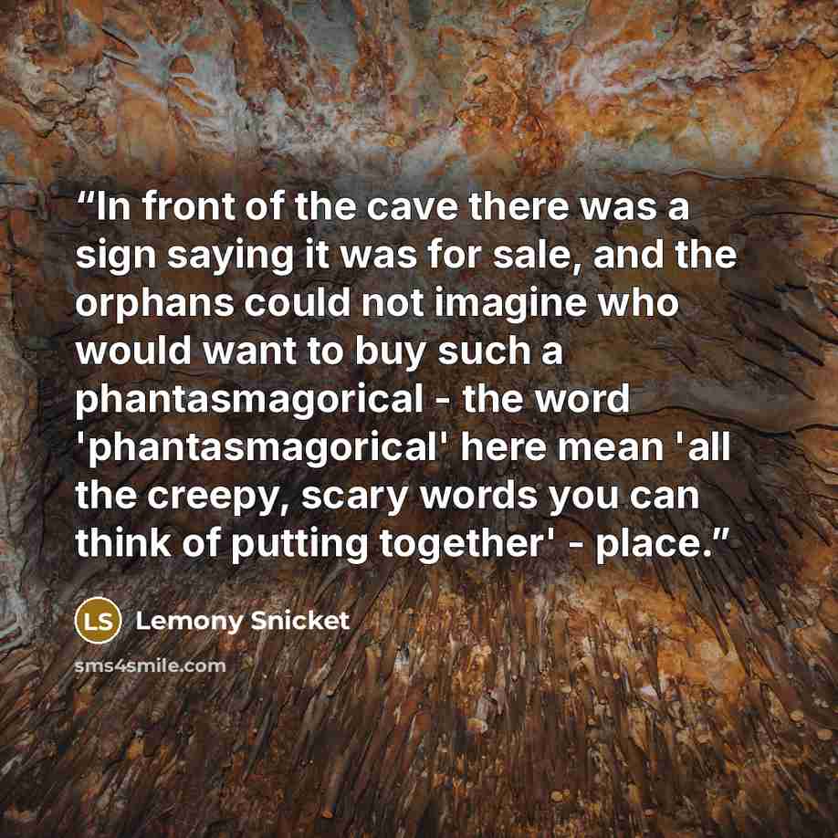 “In front of the cave there was a sign saying it was for sale, and the orphans could not imagine who would want to buy such a phantasmagorical - the word 'phantasmagorical' here mean 'all the creepy, scary words you can think of putting together' - place.” quote by Lemony Snicket