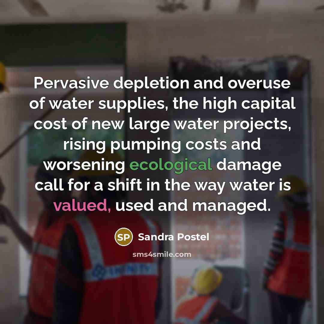 “Pervasive depletion and overuse of water supplies, the high capital cost of new large water projects, rising pumping costs and worsening ecological damage call for a shift in the way water is valued, used and managed.” quote by Sandra Postel