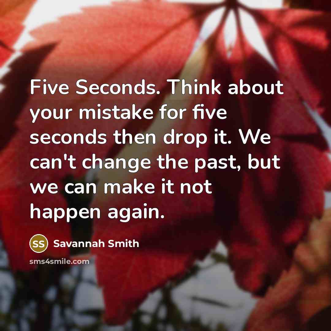 “Five Seconds. Think about your mistake for five seconds then drop it. We can't change the past, but we can make it not happen again.” quote by Savannah Smith