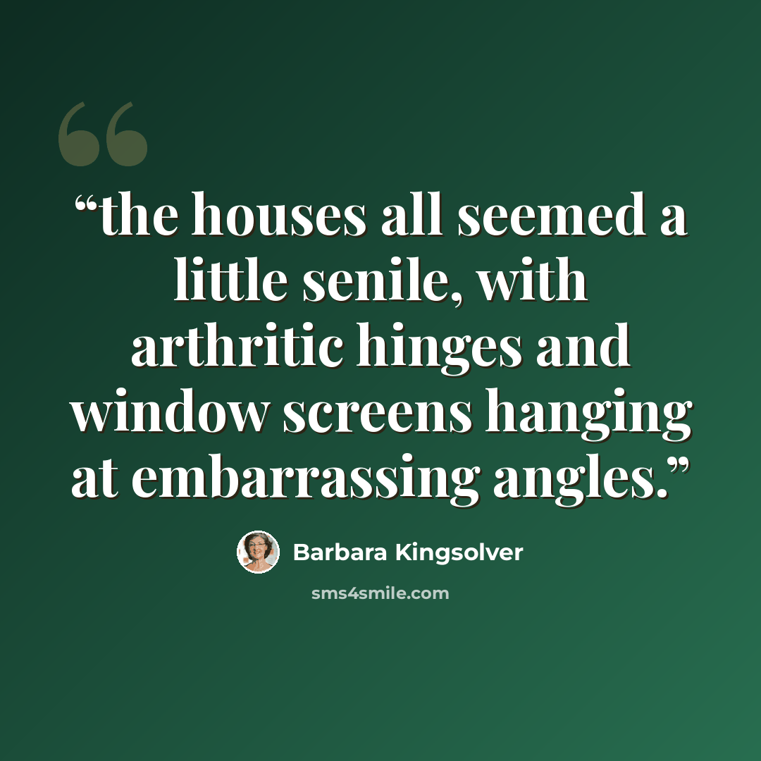 “the houses all seemed a little senile, with arthritic hinges and window screens hanging at embarrassing angles.” quote by Barbara Kingsolver