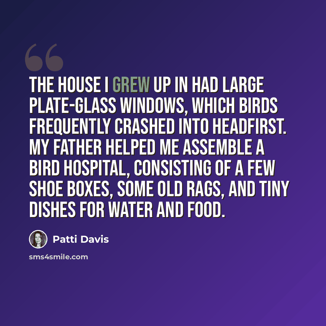 “The house I grew up in had large plate-glass windows, which birds frequently crashed into headfirst. My father helped me assemble a bird hospital, consisting of a few shoe boxes, some old rags, and tiny dishes for water and food.” quote by Patti Davis