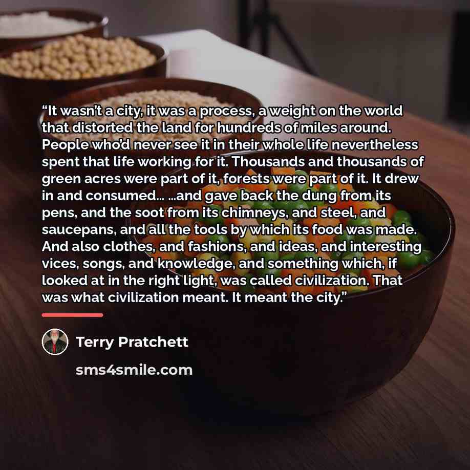 “It wasn’t a city, it was a process, a weight on the world that distorted the land for hundreds of miles around. People who’d never see it in their whole life nevertheless spent that life working for it. Thousands and thousands of green acres were part of it, forests were part of it. It drew in and…” quote by Terry Pratchett