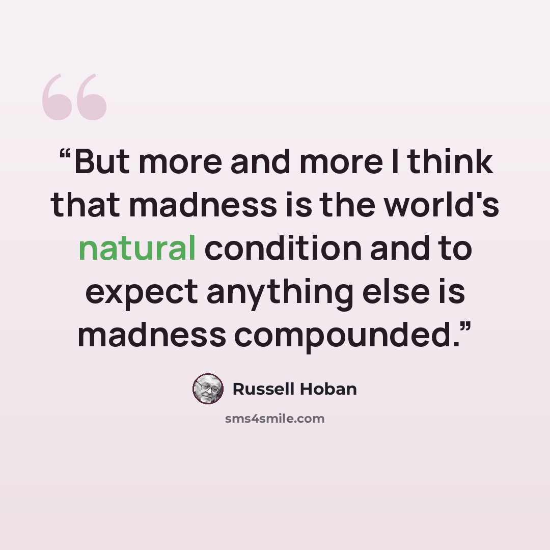 “But more and more I think that madness is the world's natural condition and to expect anything else is madness compounded.” quote by Russell Hoban