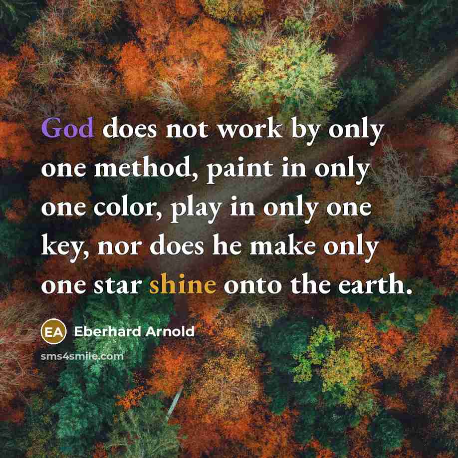 “God does not work by only one method, paint in only one color, play in only one key, nor does he make only one star shine onto the earth.” quote by Eberhard Arnold