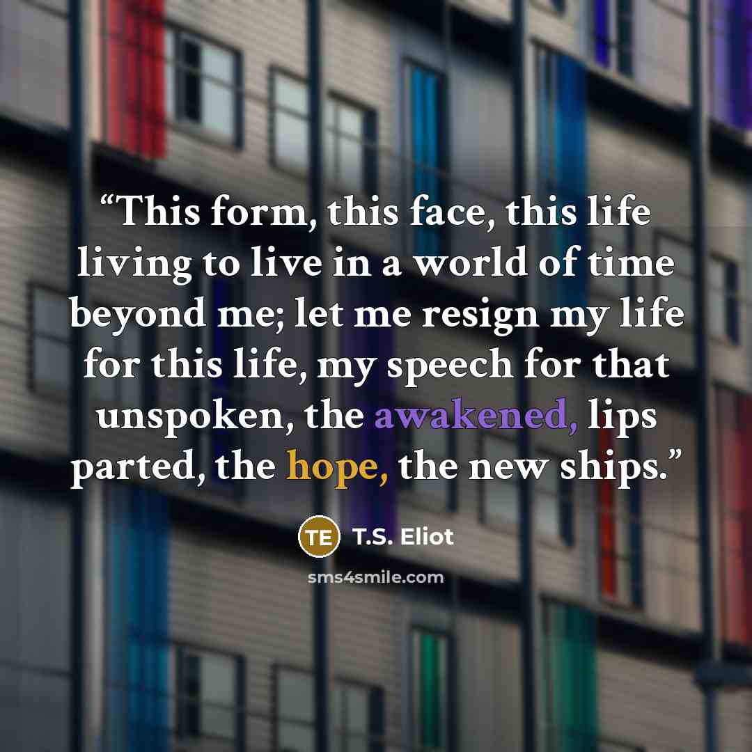 “This form, this face, this life living to live in a world of time beyond me; let me resign my life for this life, my speech for that unspoken, the awakened, lips parted, the hope, the new ships.” quote by T.S. Eliot