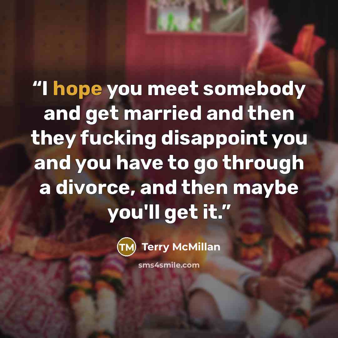 “I hope you meet somebody and get married and then they fucking disappoint you and you have to go through a divorce, and then maybe you'll get it.” quote by Terry McMillan