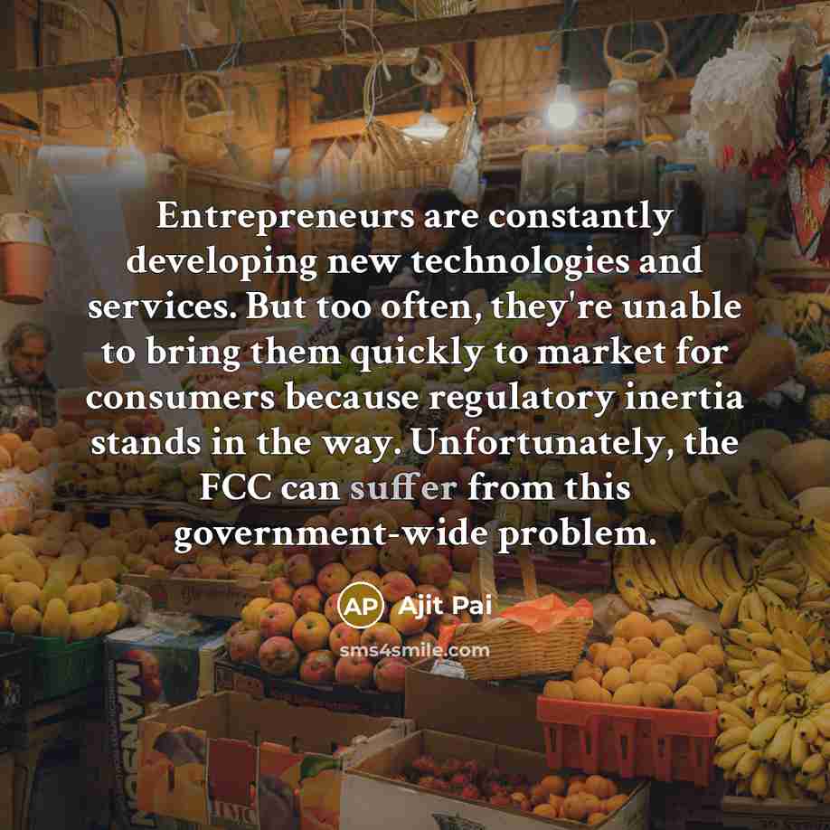 “Entrepreneurs are constantly developing new technologies and services. But too often, they're unable to bring them quickly to market for consumers because regulatory inertia stands in the way. Unfortunately, the FCC can suffer from this government-wide problem.” quote by Ajit Pai
