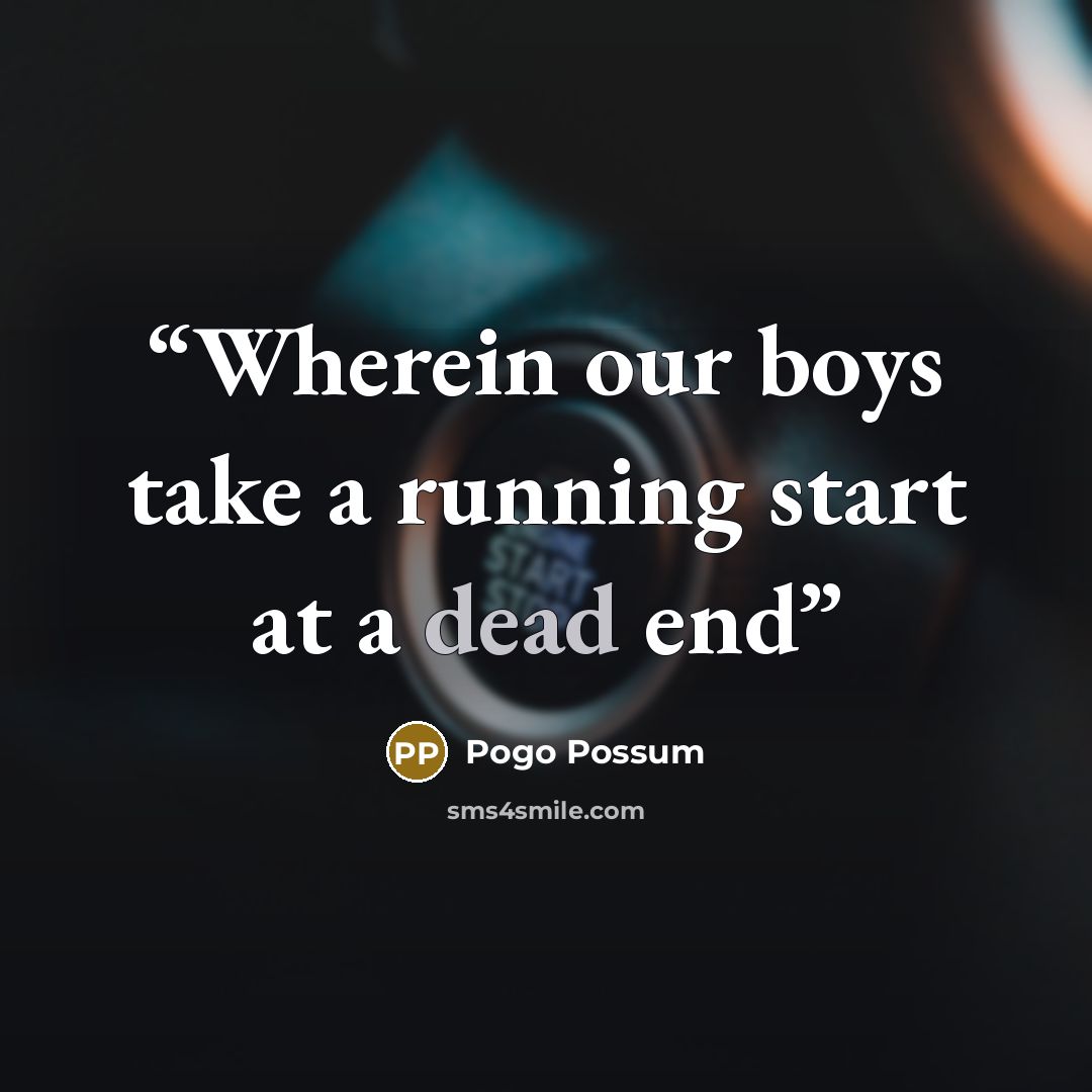 “Wherein our boys take a running start at a dead end” quote by Pogo Possum