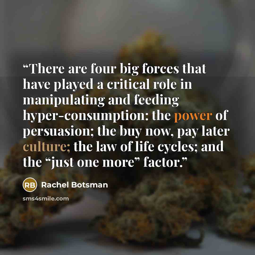 “There are four big forces that have played a critical role in manipulating and feeding hyper-consumption: the power of persuasion; the buy now, pay later culture; the law of life cycles; and the “just one more” factor.” quote by Rachel Botsman
