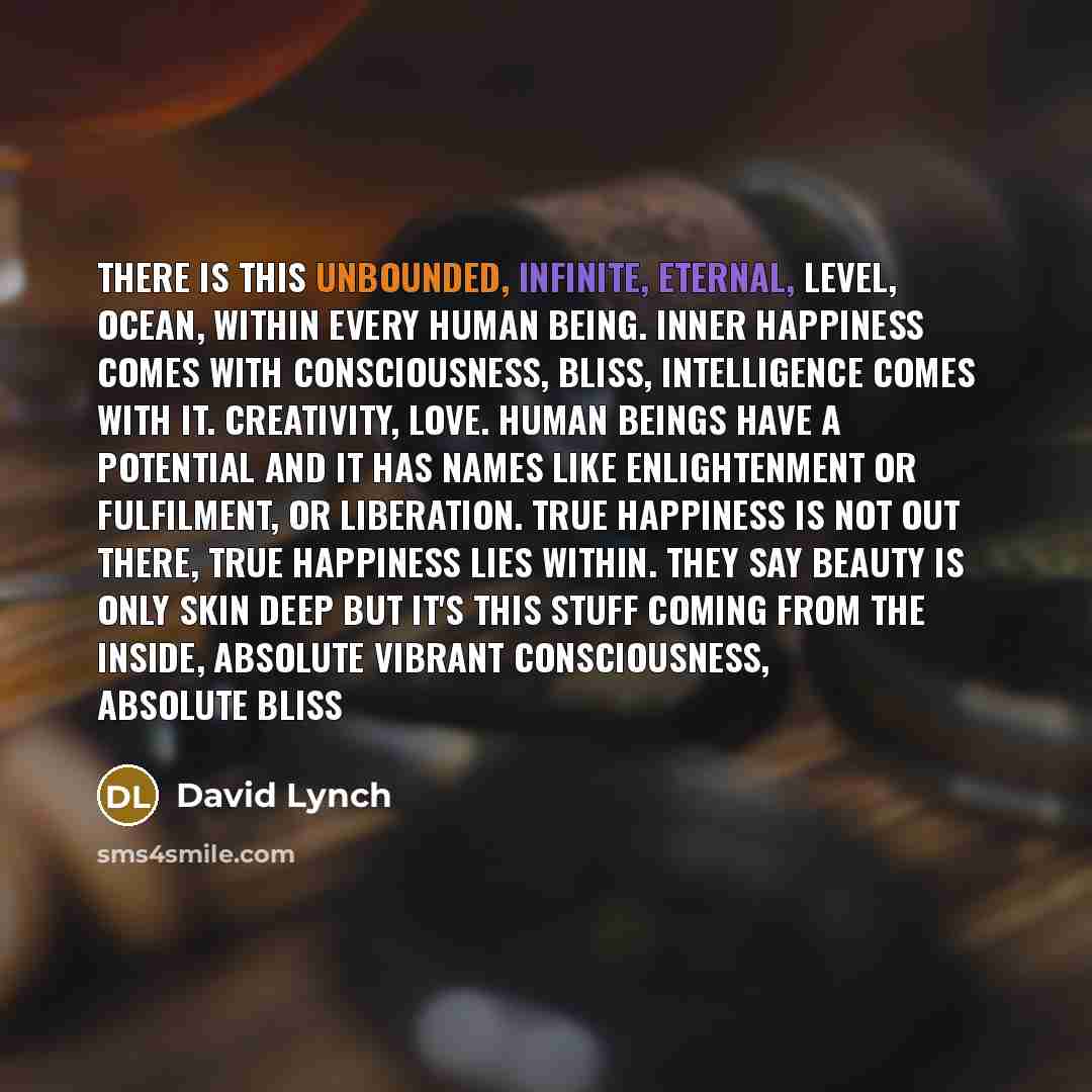 “There is this unbounded, infinite, eternal, level, ocean, within every human being. Inner happiness comes with consciousness, bliss, intelligence comes with it. Creativity, love. Human beings have a potential and it has names like enlightenment or fulfilment, or liberation. True happiness is not…” quote by David Lynch