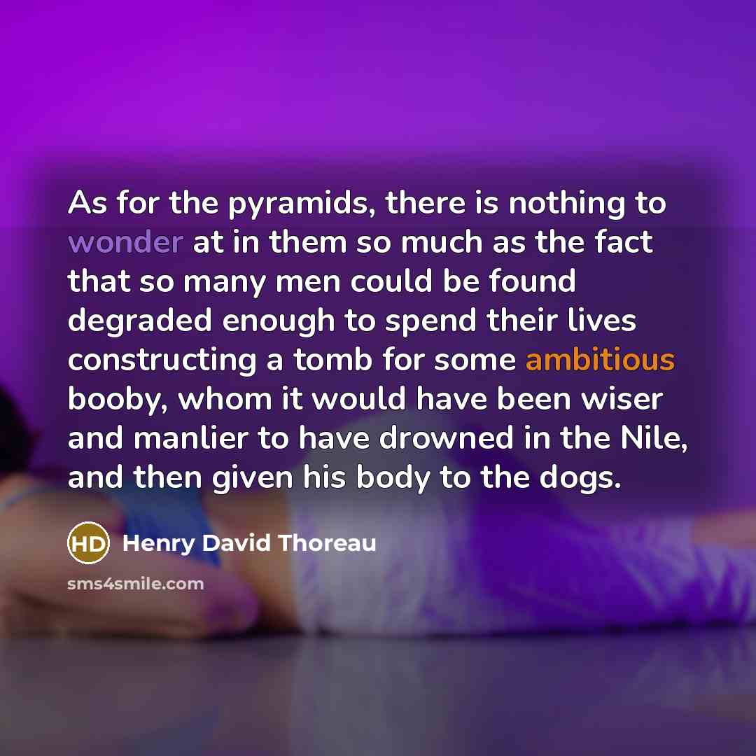 “As for the pyramids, there is nothing to wonder at in them so much as the fact that so many men could be found degraded enough to spend their lives constructing a tomb for some ambitious booby, whom it would have been wiser and manlier to have drowned in the Nile, and then given his body to the…” quote by Henry David Thoreau