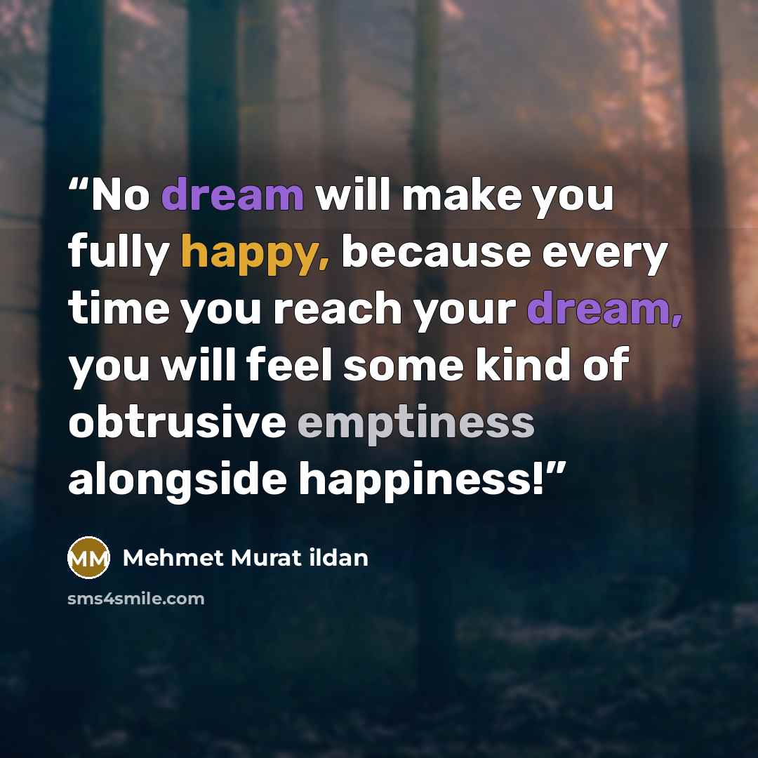 “No dream will make you fully happy, because every time you reach your dream, you will feel some kind of obtrusive emptiness alongside happiness!” quote by Mehmet Murat ildan