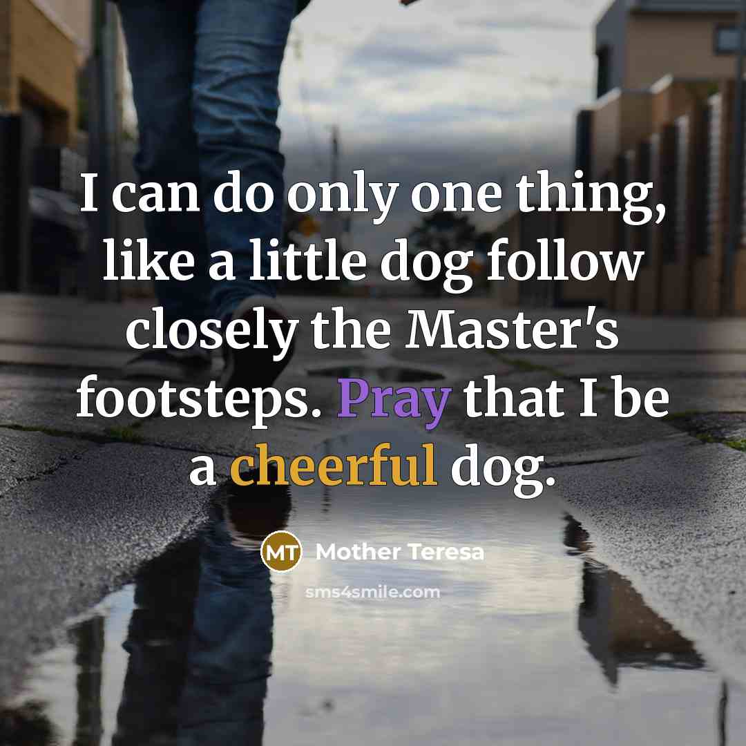 “I can do only one thing, like a little dog follow closely the Master's footsteps. Pray that I be a cheerful dog.” quote by Mother Teresa