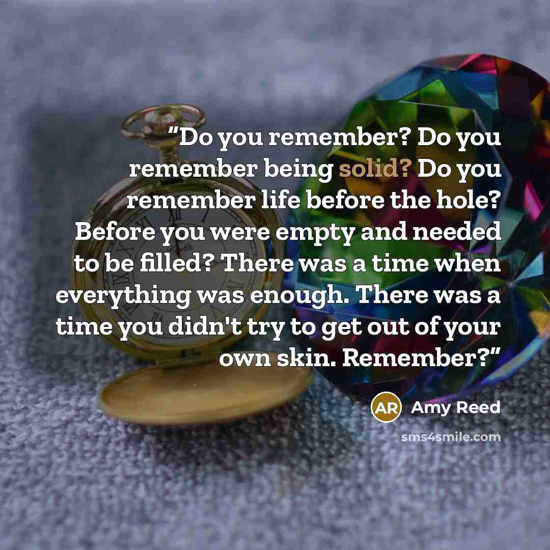 “Do you remember? Do you remember being solid? Do you remember life before the hole? Before you were empty and needed to be filled? There was a time when everything was enough. There was a time you didn't try to get out of your own skin. Remember?” quote by Amy Reed