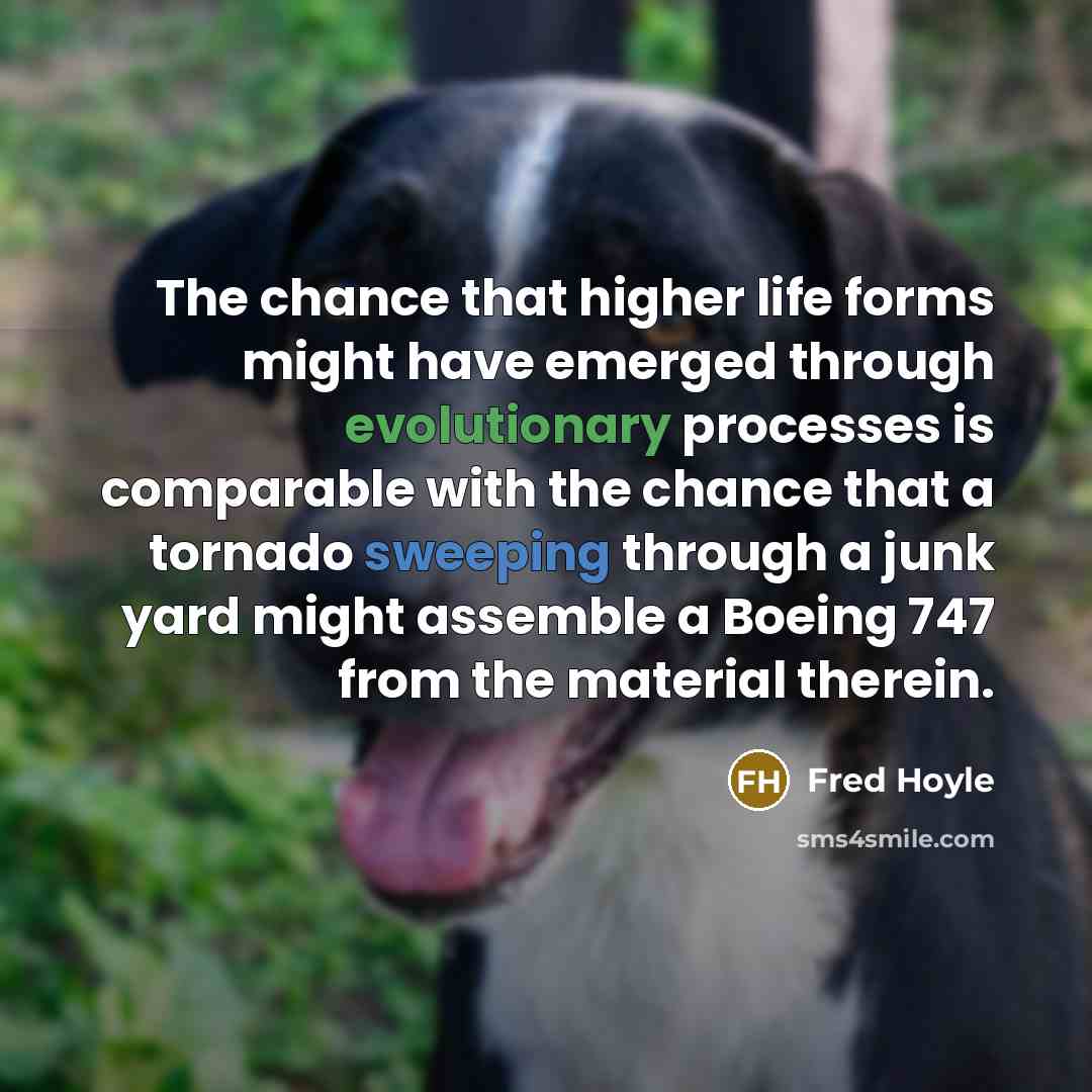 “The chance that higher life forms might have emerged through evolutionary processes is comparable with the chance that a tornado sweeping through a junk yard might assemble a Boeing 747 from the material therein.” quote by Fred Hoyle
