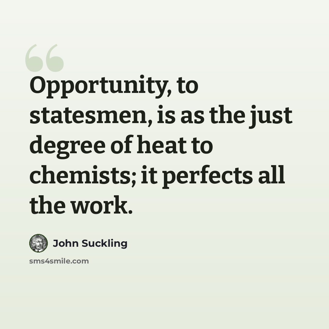 “Opportunity, to statesmen, is as the just degree of heat to chemists; it perfects all the work.” quote by John Suckling