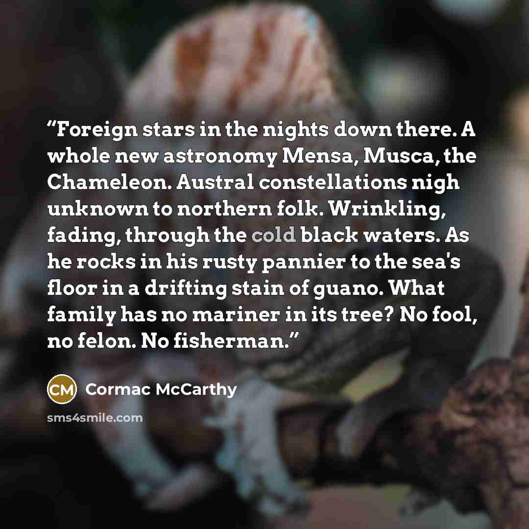 “Foreign stars in the nights down there. A whole new astronomy Mensa, Musca, the Chameleon. Austral constellations nigh unknown to northern folk. Wrinkling, fading, through the cold black waters. As he rocks in his rusty pannier to the sea's floor in a drifting stain of guano. What family has no…” quote by Cormac McCarthy