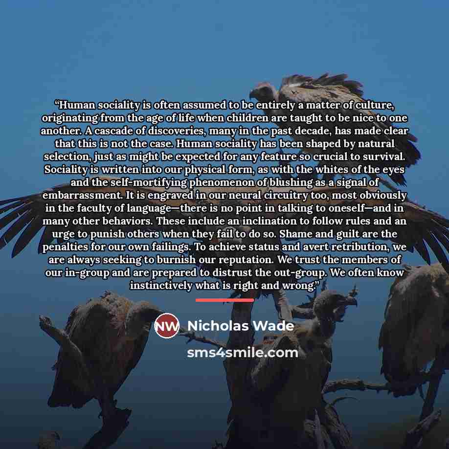 “Human sociality is often assumed to be entirely a matter of culture, originating from the age of life when children are taught to be nice to one another. A cascade of discoveries, many in the past decade, has made clear that this is not the case. Human sociality has been shaped by natural…” quote by Nicholas Wade